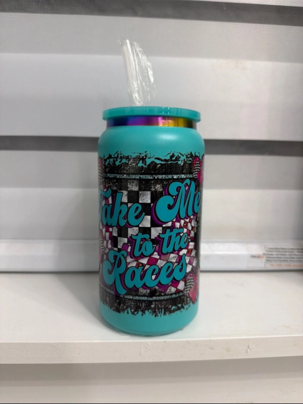 Teal stainless steel Tumbler with Lid and Straw - Take Me to the Races Design